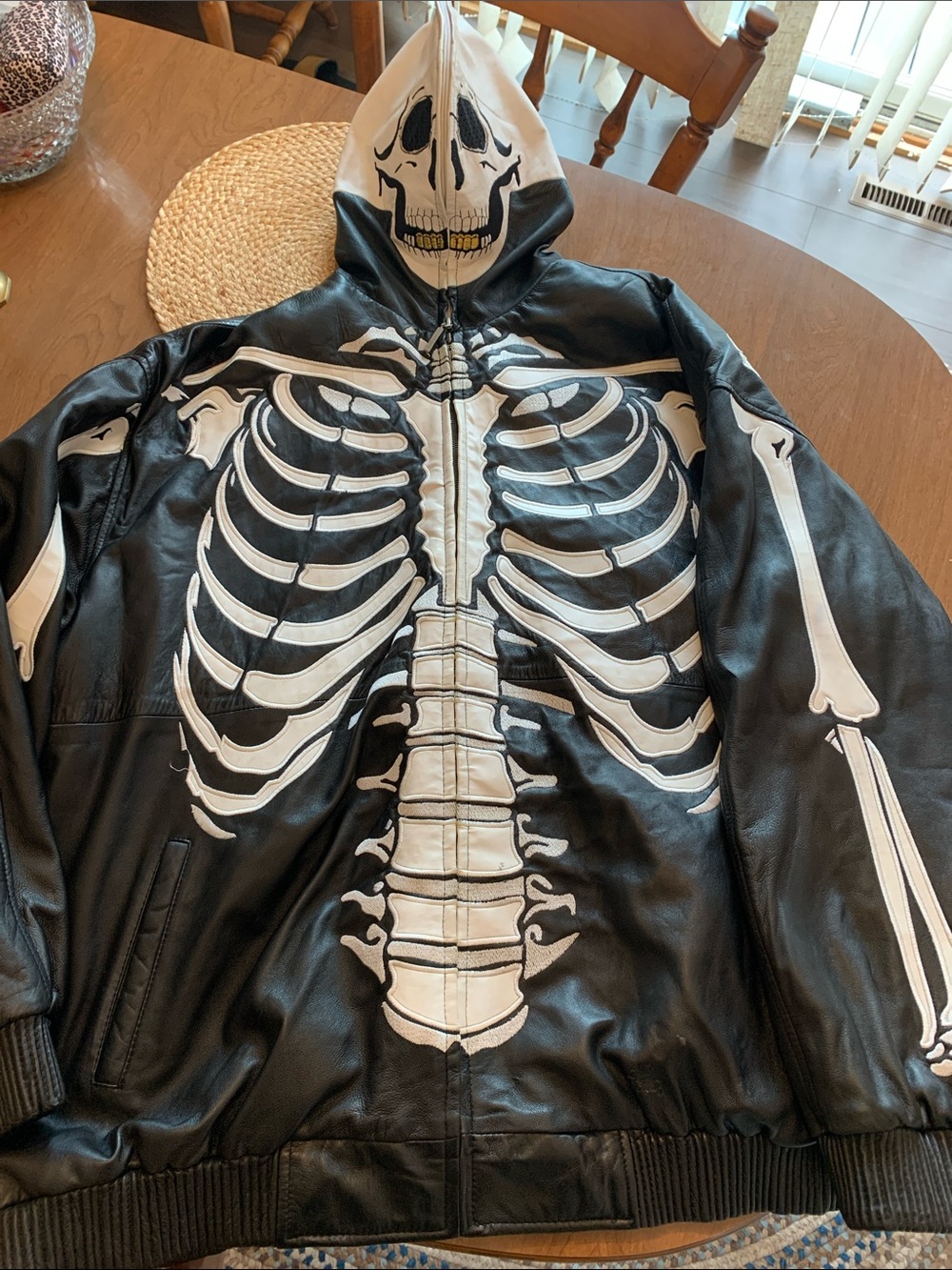 Black Genuine Leather Skeleton Hooded Jacket for Men - Halloween Costume Jacket